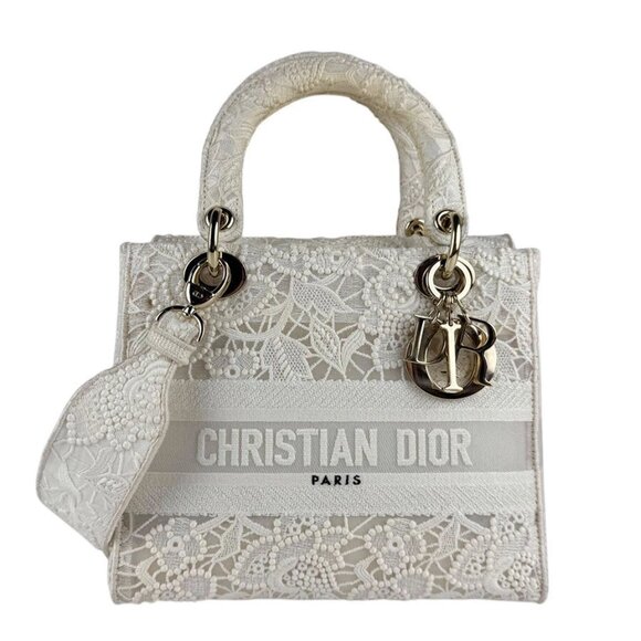 Auth Christian Dior Lady D-Lite Handbag Shoulder Bag Off White/Gold Canvas - Picture 1 of 14